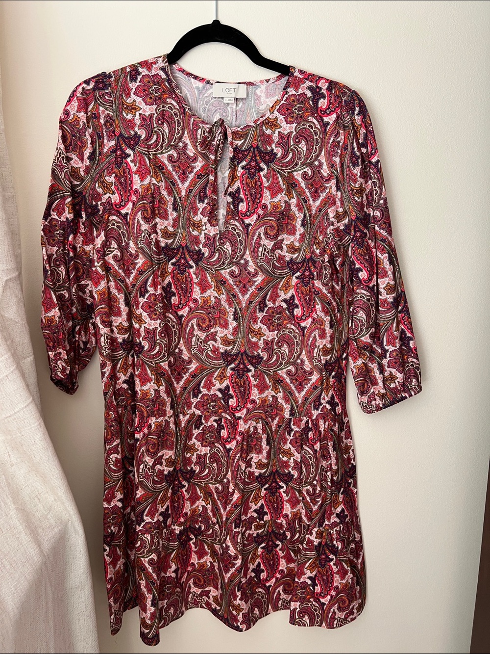 LOFT Multicolor Paisley Tie-Neck Long Sleeve Dress